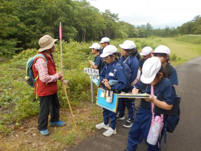 森の案内人から話を聞く4年生